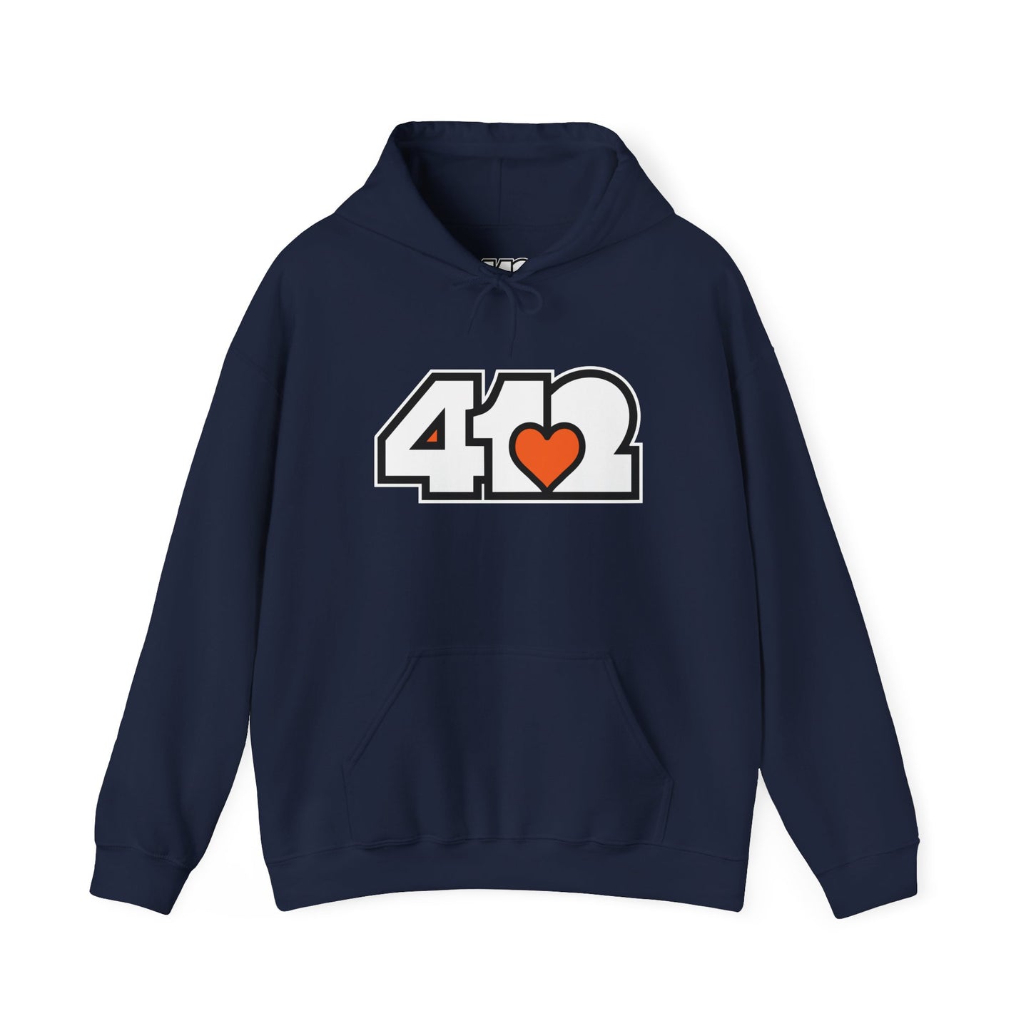 412 Classic Fit Adult Hoodie - Orange Heart, White Logo-Hoodie-Navy-4OneLove2; Pittsburgh Branded Clothing; Pittsburgh Apparel; 412 Clothing