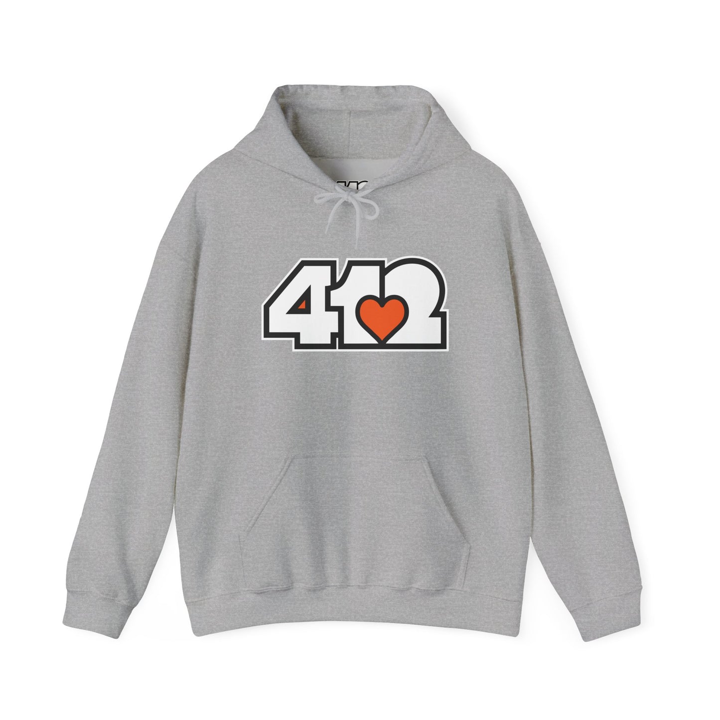 412 Classic Fit Adult Hoodie - Orange Heart, White Logo-Hoodie-Sport Grey-4OneLove2; Pittsburgh Branded Clothing; Pittsburgh Apparel; 412 Clothing