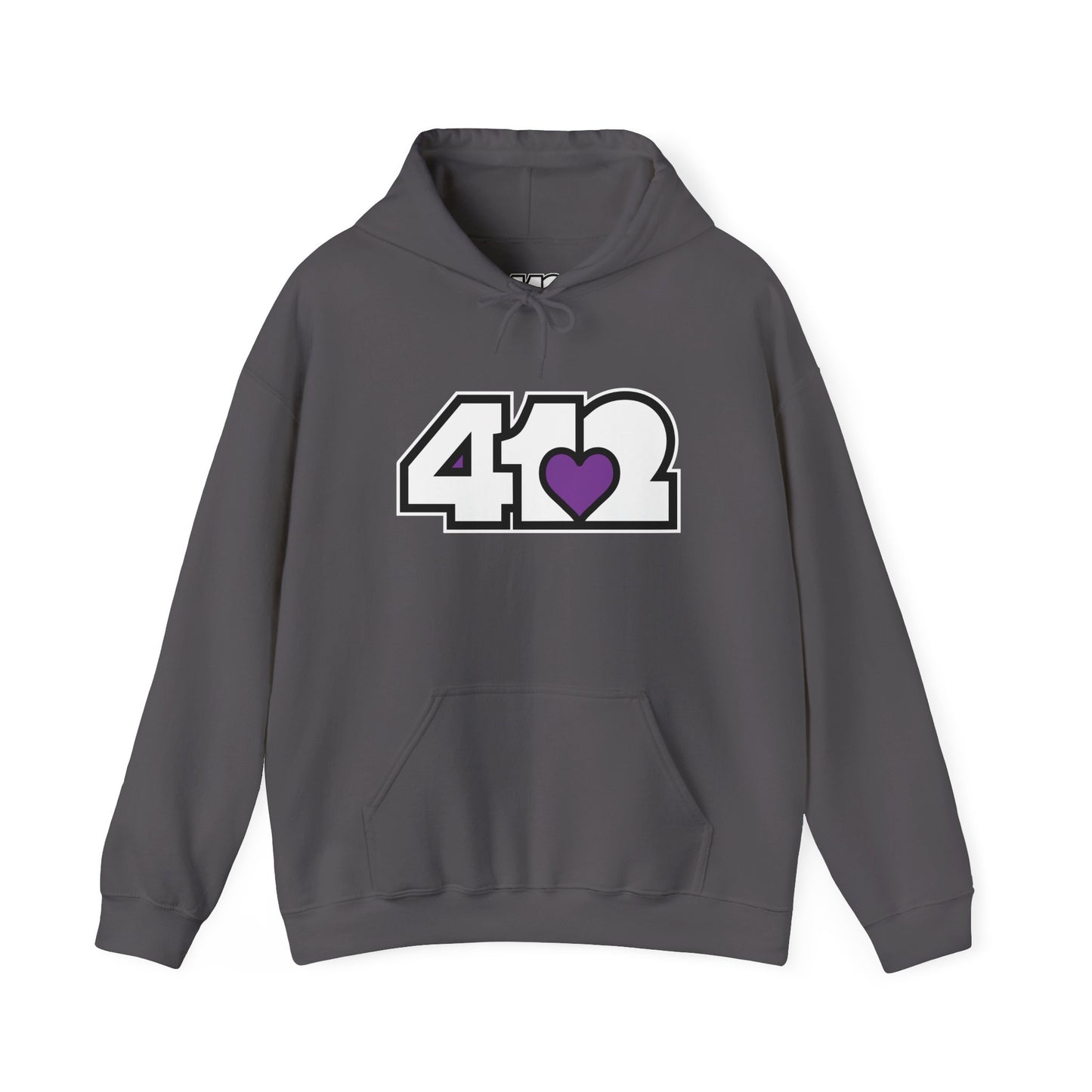 412 Classic Fit Adult Hoodie - Purple Heart, White Logo-Hoodie-Charcoal-4OneLove2; Pittsburgh Branded Clothing; Pittsburgh Apparel; 412 Clothing