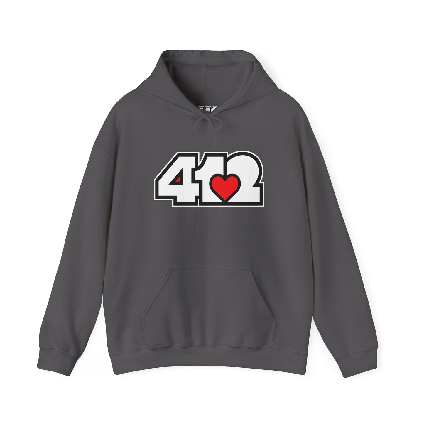 412 Classic Fit Adult Hoodie - Red Heart, White Logo-Hoodie-Charcoal-4OneLove2; Pittsburgh Branded Clothing; Pittsburgh Apparel; 412 Clothing