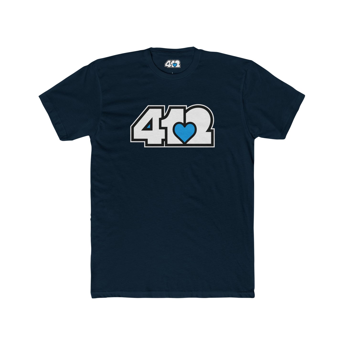 412 Contoured Fit Tee - Blue Heart, White Logo-T-Shirt-Solid Midnight Navy-4OneLove2; Pittsburgh Branded Clothing; Pittsburgh Apparel; 412 Clothing