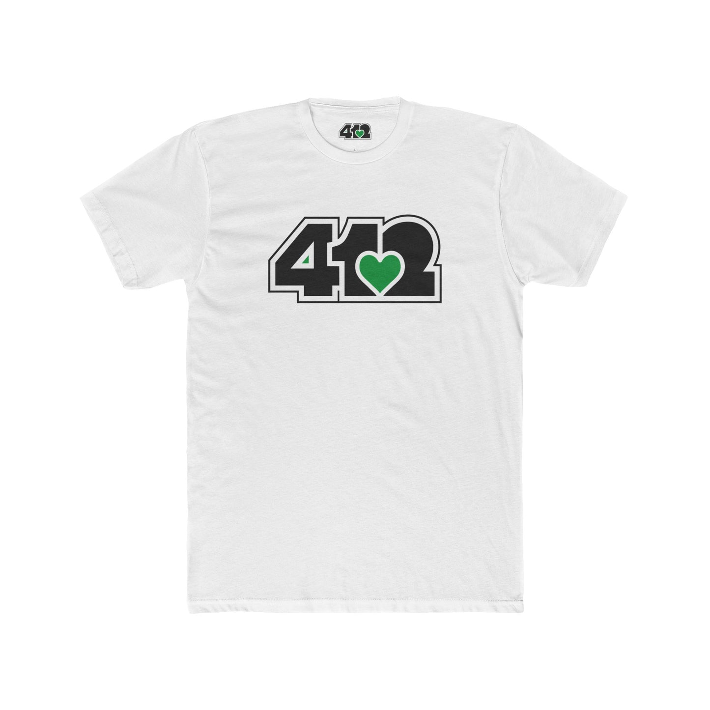 412 Contoured Fit Tee - Green Heart, Black Logo-T-Shirt-Solid White-4OneLove2; Pittsburgh Branded Clothing; Pittsburgh Apparel; 412 Clothing