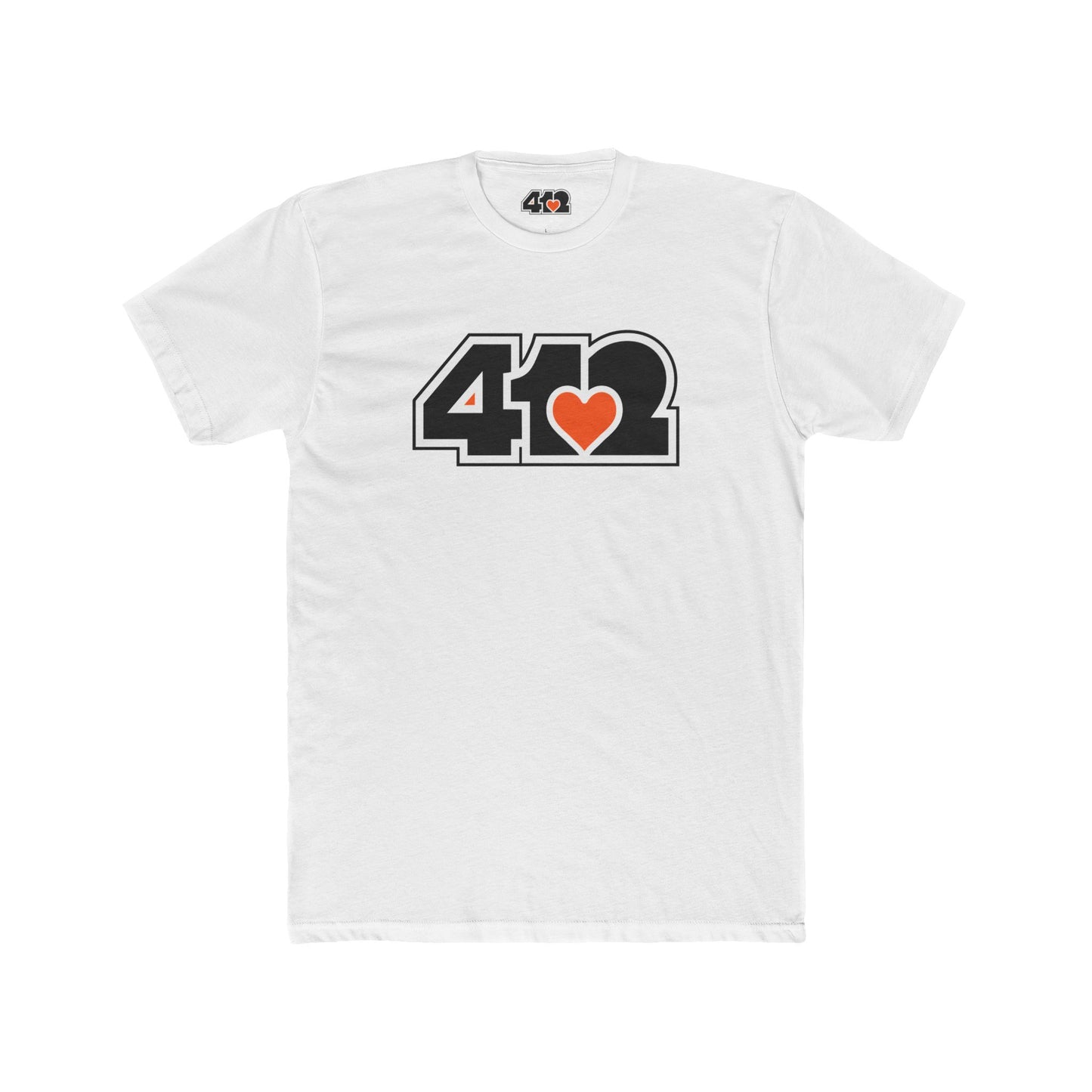 412 Contoured Fit Tee - Orange Heart, Black Logo-T-Shirt-Solid White-4OneLove2; Pittsburgh Branded Clothing; Pittsburgh Apparel; 412 Clothing