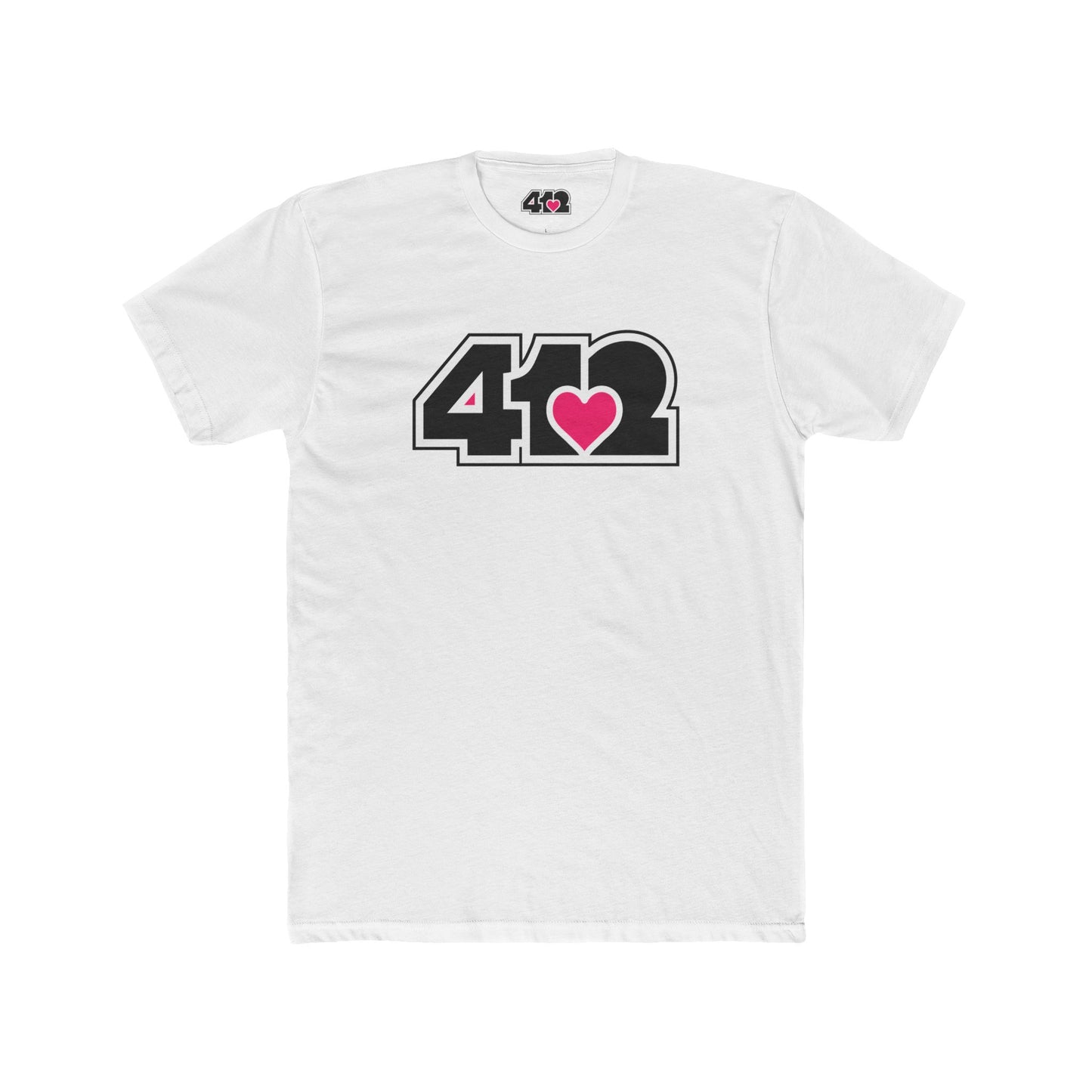 412 Contoured Fit Tee - Pink Heart, Black Logo-T-Shirt-Solid White-4OneLove2; Pittsburgh Branded Clothing; Pittsburgh Apparel; 412 Clothing