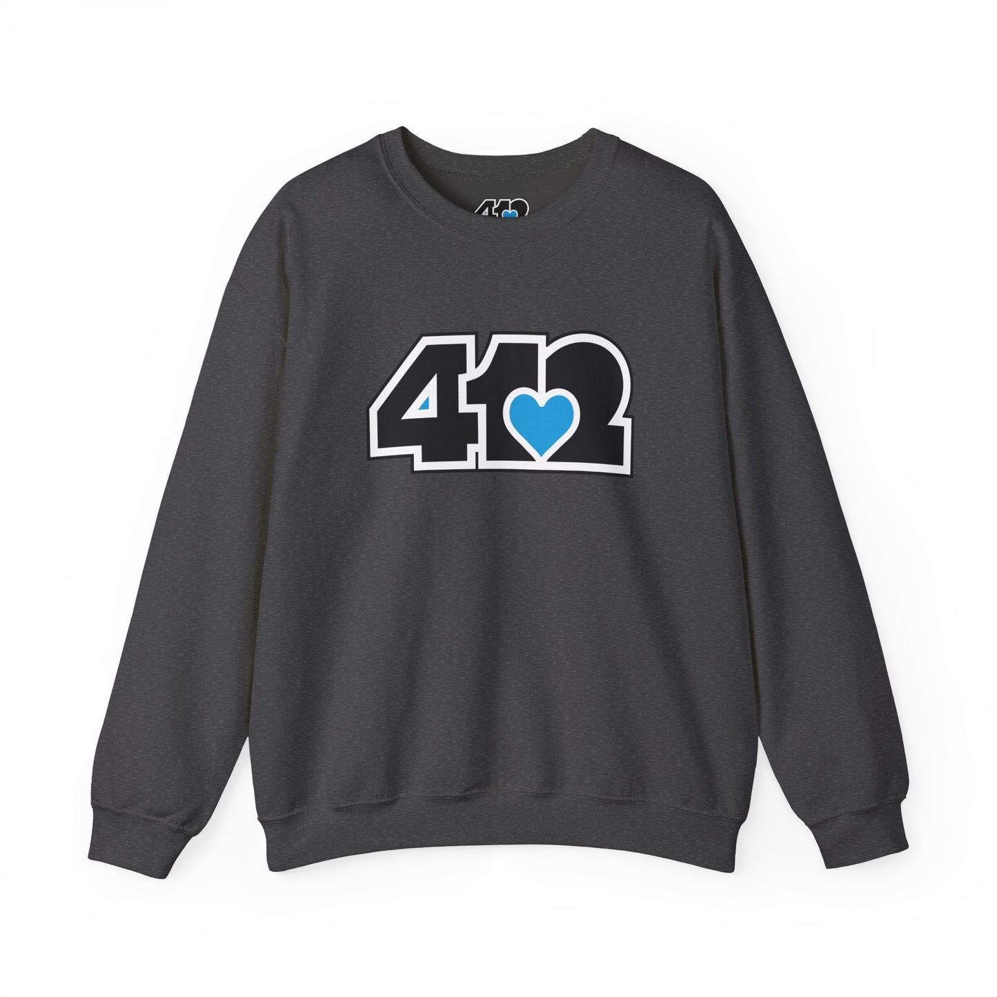 412 Crew Neck Sweatshirt - Blue Heart, Black Logo-Sweatshirt-Dark Heather-4OneLove2; Pittsburgh Branded Clothing; Pittsburgh Apparel; 412 Clothing