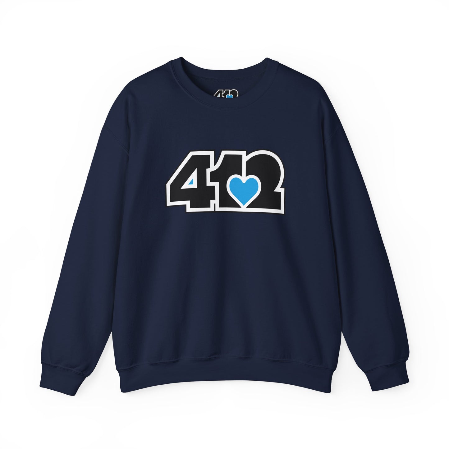 412 Crew Neck Sweatshirt - Blue Heart, Black Logo-Sweatshirt-Navy-4OneLove2; Pittsburgh Branded Clothing; Pittsburgh Apparel; 412 Clothing