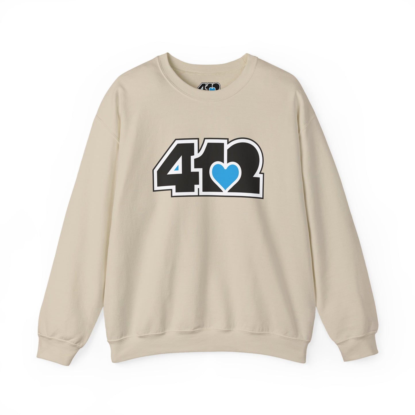 412 Crew Neck Sweatshirt - Blue Heart, Black Logo-Sweatshirt-Sand-4OneLove2; Pittsburgh Branded Clothing; Pittsburgh Apparel; 412 Clothing