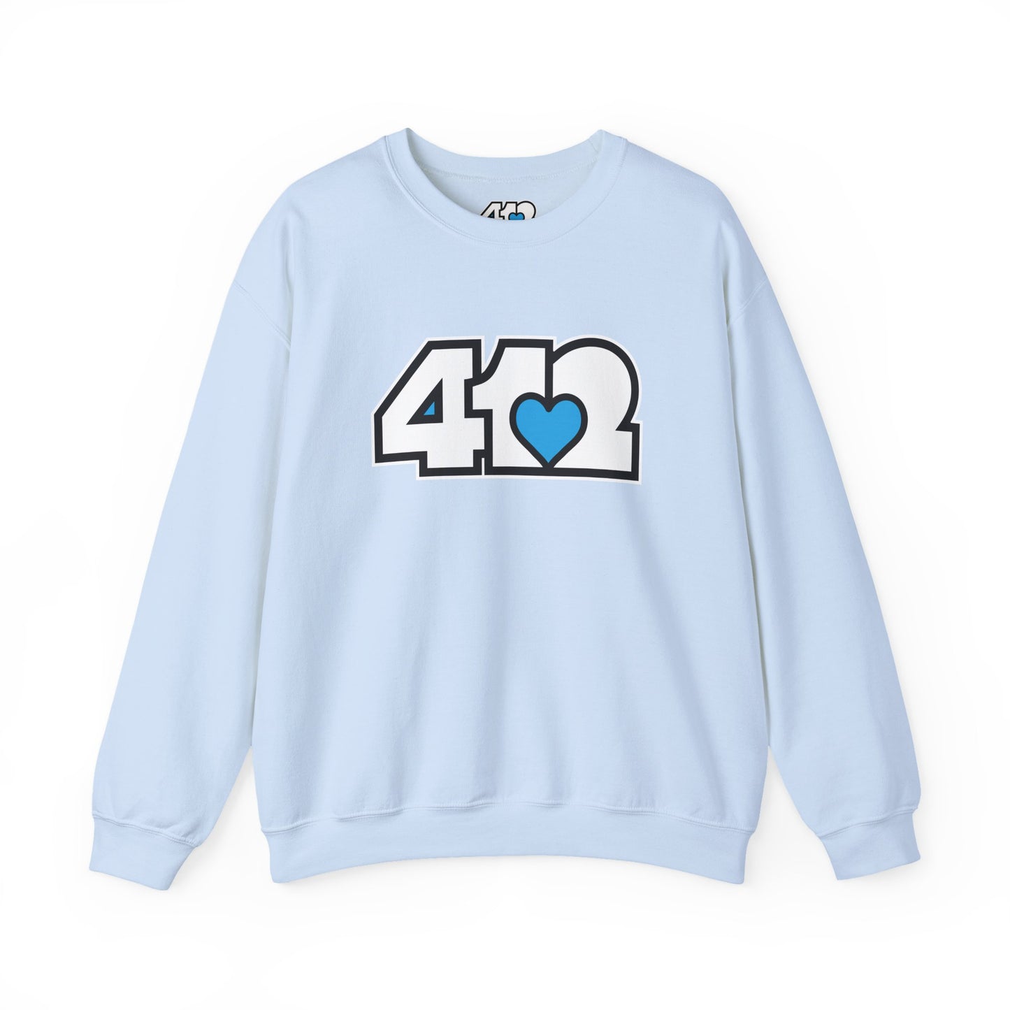 412 Crew Neck Sweatshirt - Blue Heart, White Logo-Sweatshirt-Light Blue-4OneLove2; Pittsburgh Branded Clothing; Pittsburgh Apparel; 412 Clothing