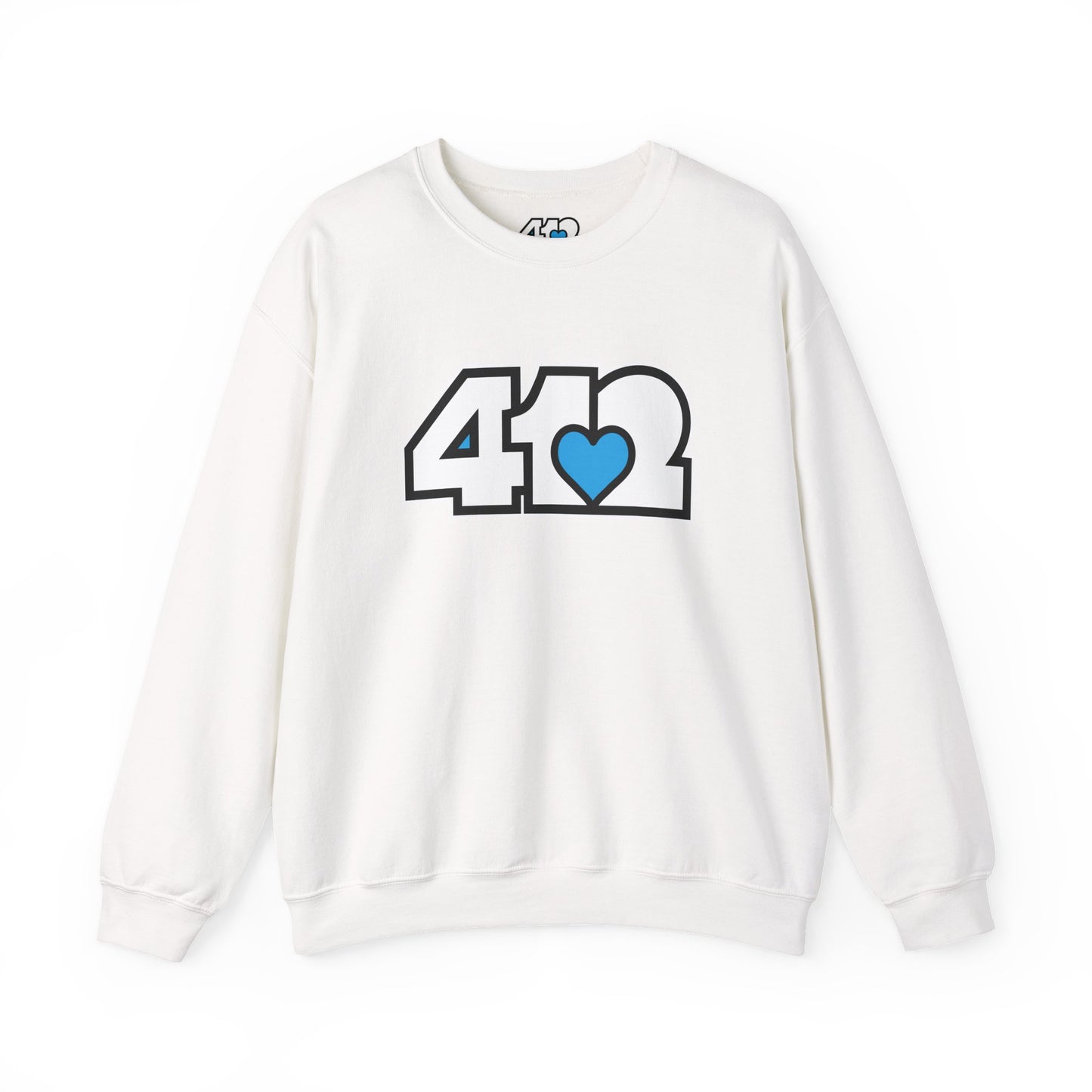 412 Crew Neck Sweatshirt - Blue Heart, White Logo-Sweatshirt-White-4OneLove2; Pittsburgh Branded Clothing; Pittsburgh Apparel; 412 Clothing