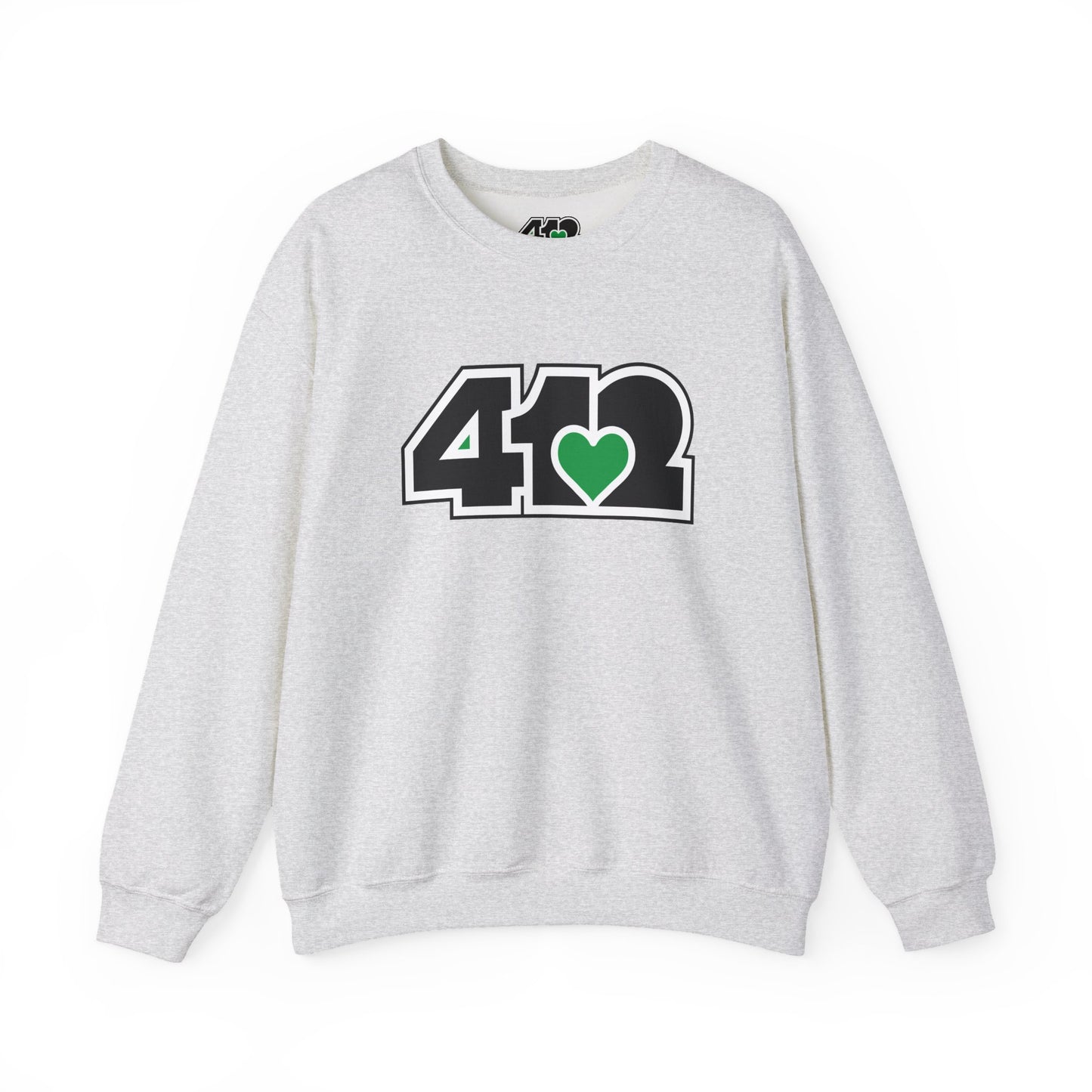 412 Crew Neck Sweatshirt - Green Heart, Black Logo-Sweatshirt-Ash-4OneLove2; Pittsburgh Branded Clothing; Pittsburgh Apparel; 412 Clothing