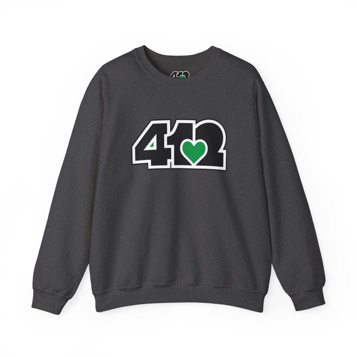 412 Crew Neck Sweatshirt - Green Heart, Black Logo-Sweatshirt-Dark Heather-4OneLove2; Pittsburgh Branded Clothing; Pittsburgh Apparel; 412 Clothing