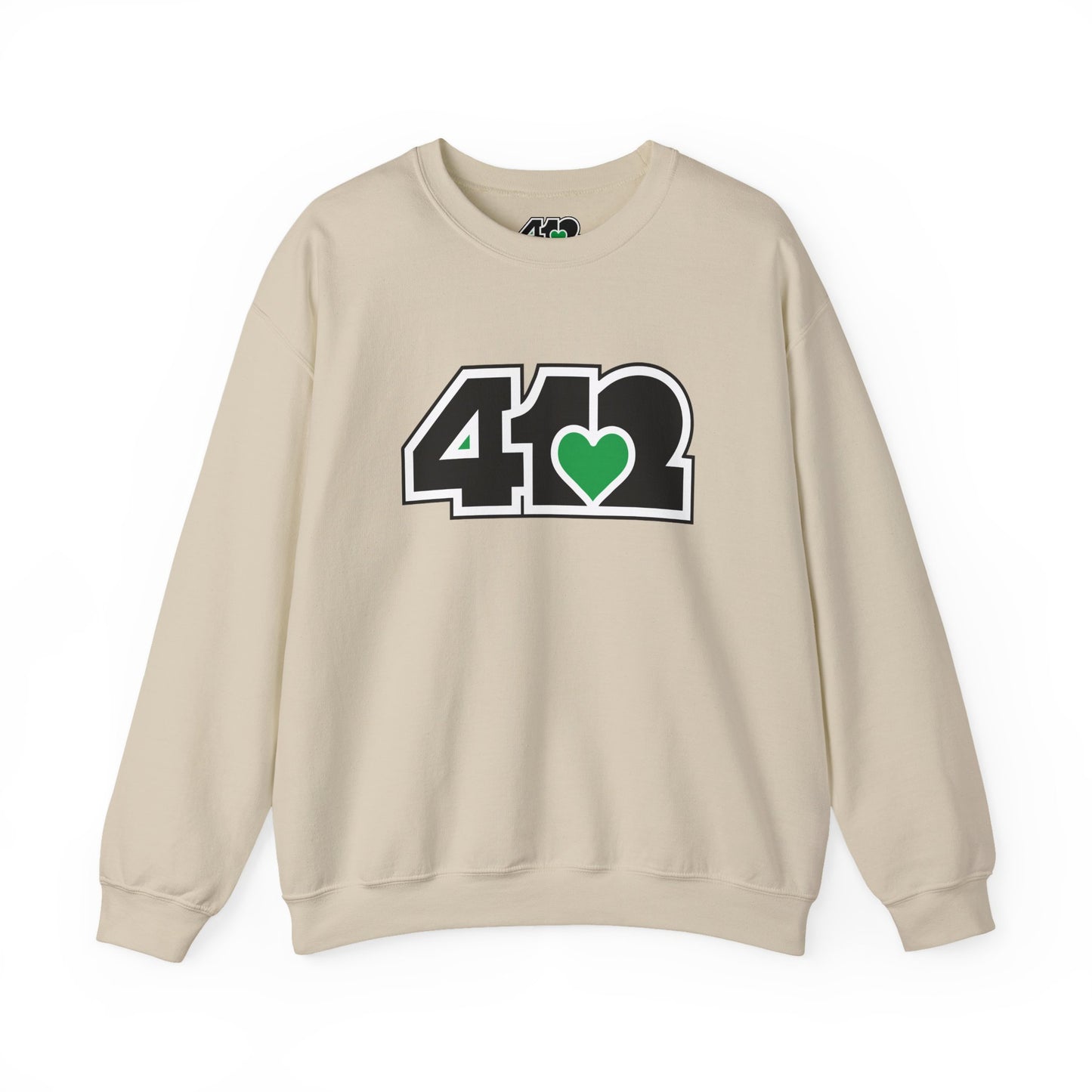 412 Crew Neck Sweatshirt - Green Heart, Black Logo-Sweatshirt-Sand-4OneLove2; Pittsburgh Branded Clothing; Pittsburgh Apparel; 412 Clothing