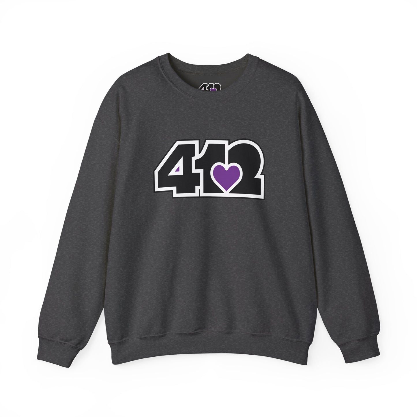 412 Crew Neck Sweatshirt - Purple Heart, Black Logo-Sweatshirt-Dark Heather-4OneLove2; Pittsburgh Branded Clothing; Pittsburgh Apparel; 412 Clothing