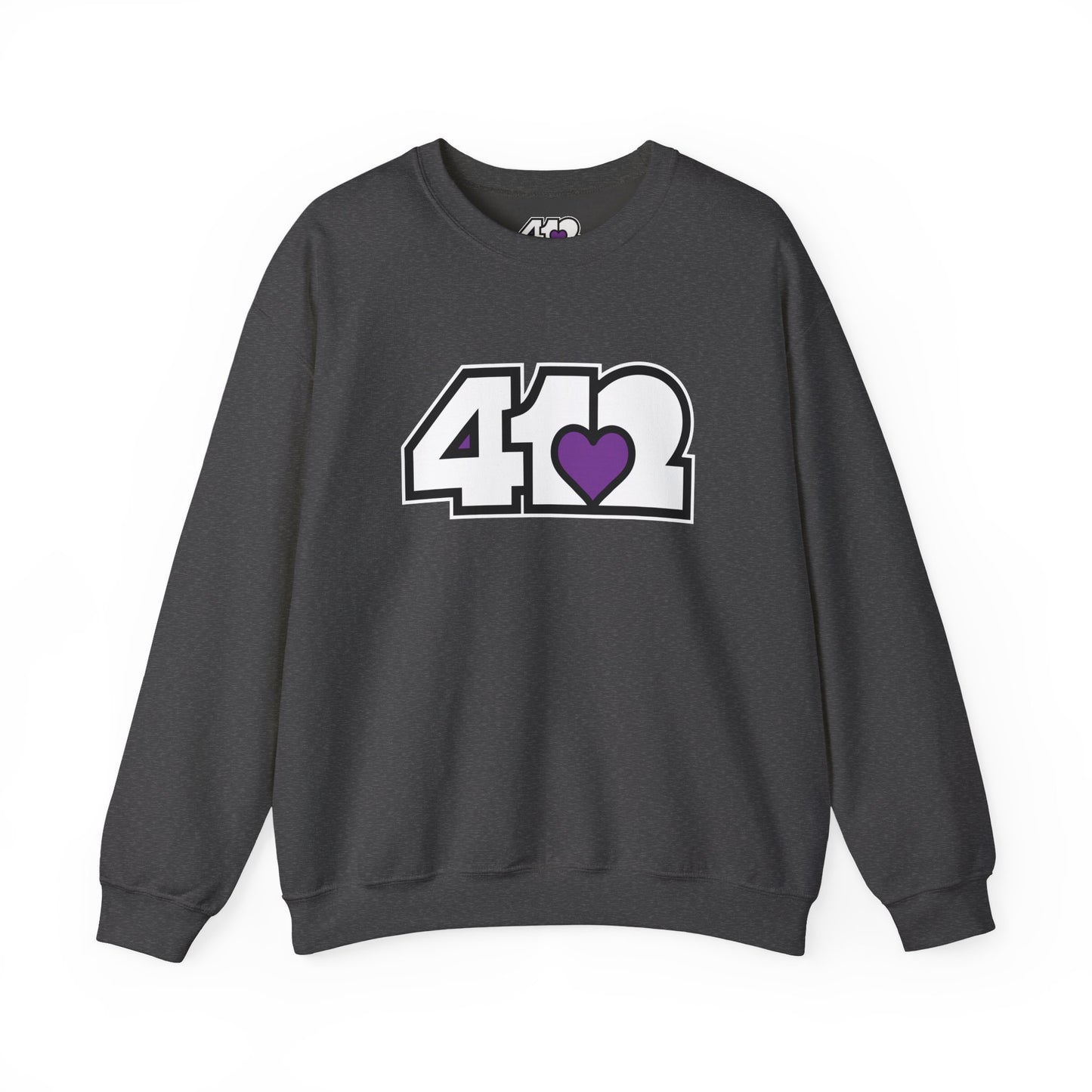 412 Crew Neck Sweatshirt - Purple Heart, White Logo-Sweatshirt-Dark Heather-4OneLove2; Pittsburgh Branded Clothing; Pittsburgh Apparel; 412 Clothing