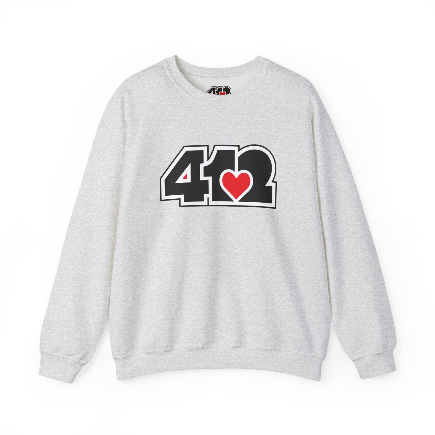 412 Crew Neck Sweatshirt - Red Heart, Black Logo-Sweatshirt-Ash-4OneLove2; Pittsburgh Branded Clothing; Pittsburgh Apparel; 412 Clothing