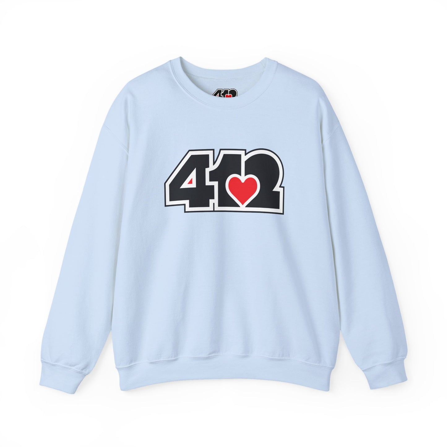 412 Crew Neck Sweatshirt - Red Heart, Black Logo-Sweatshirt-Light Blue-4OneLove2; Pittsburgh Branded Clothing; Pittsburgh Apparel; 412 Clothing