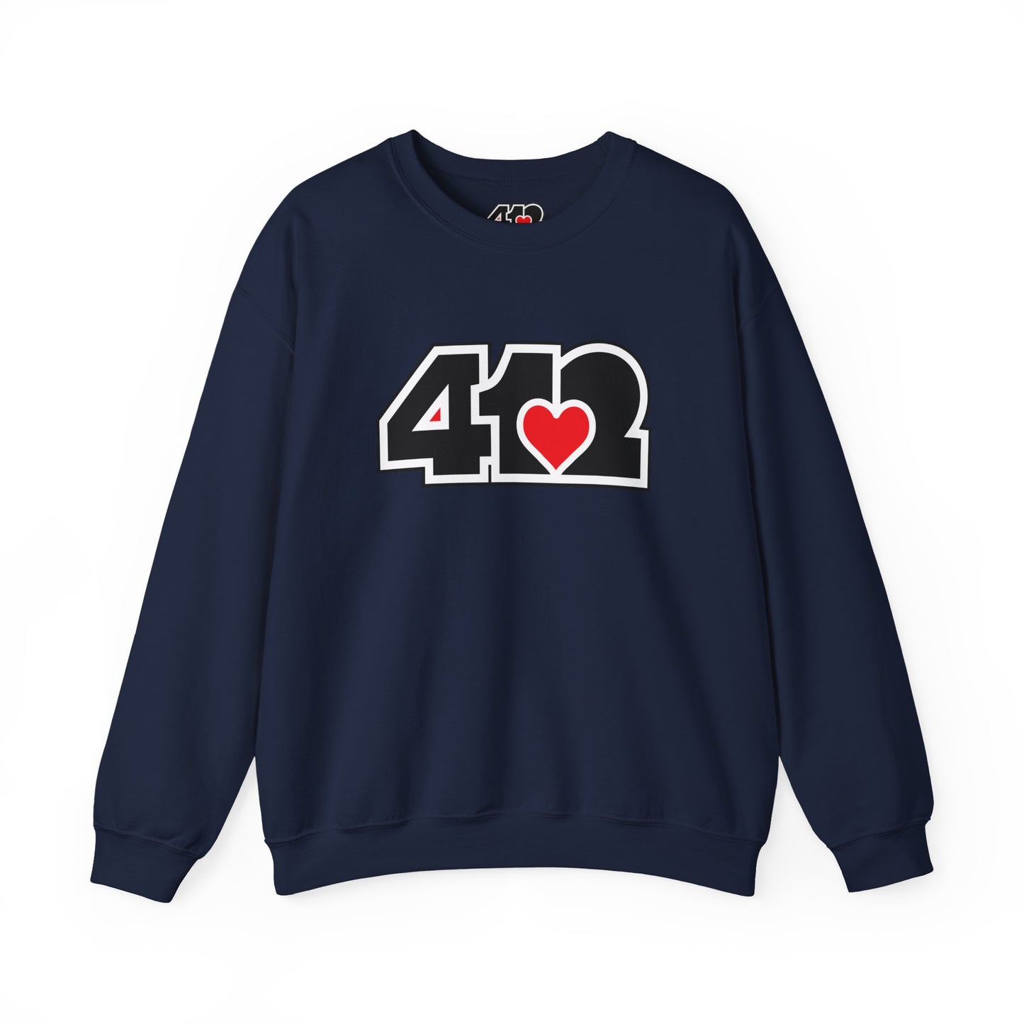 412 Crew Neck Sweatshirt - Red Heart, Black Logo-Sweatshirt-Navy-4OneLove2; Pittsburgh Branded Clothing; Pittsburgh Apparel; 412 Clothing