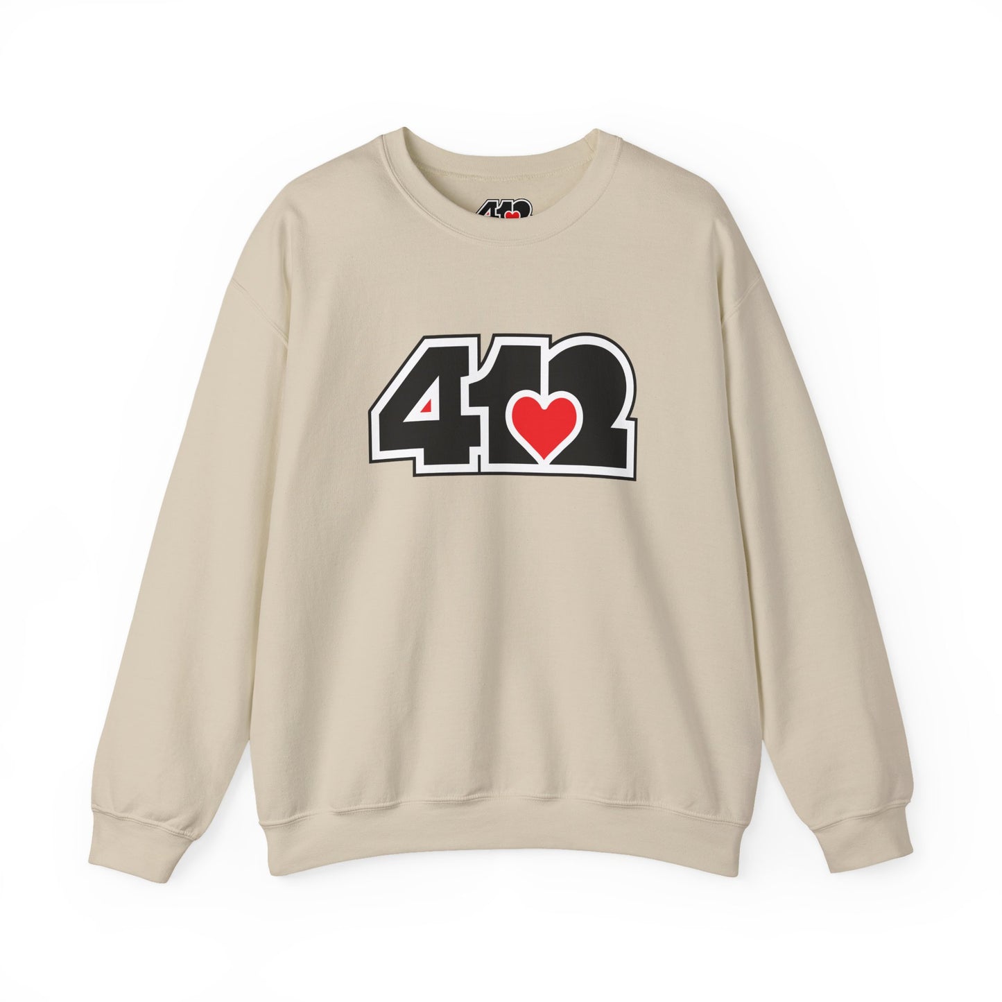 412 Crew Neck Sweatshirt - Red Heart, Black Logo-Sweatshirt-Sand-4OneLove2; Pittsburgh Branded Clothing; Pittsburgh Apparel; 412 Clothing