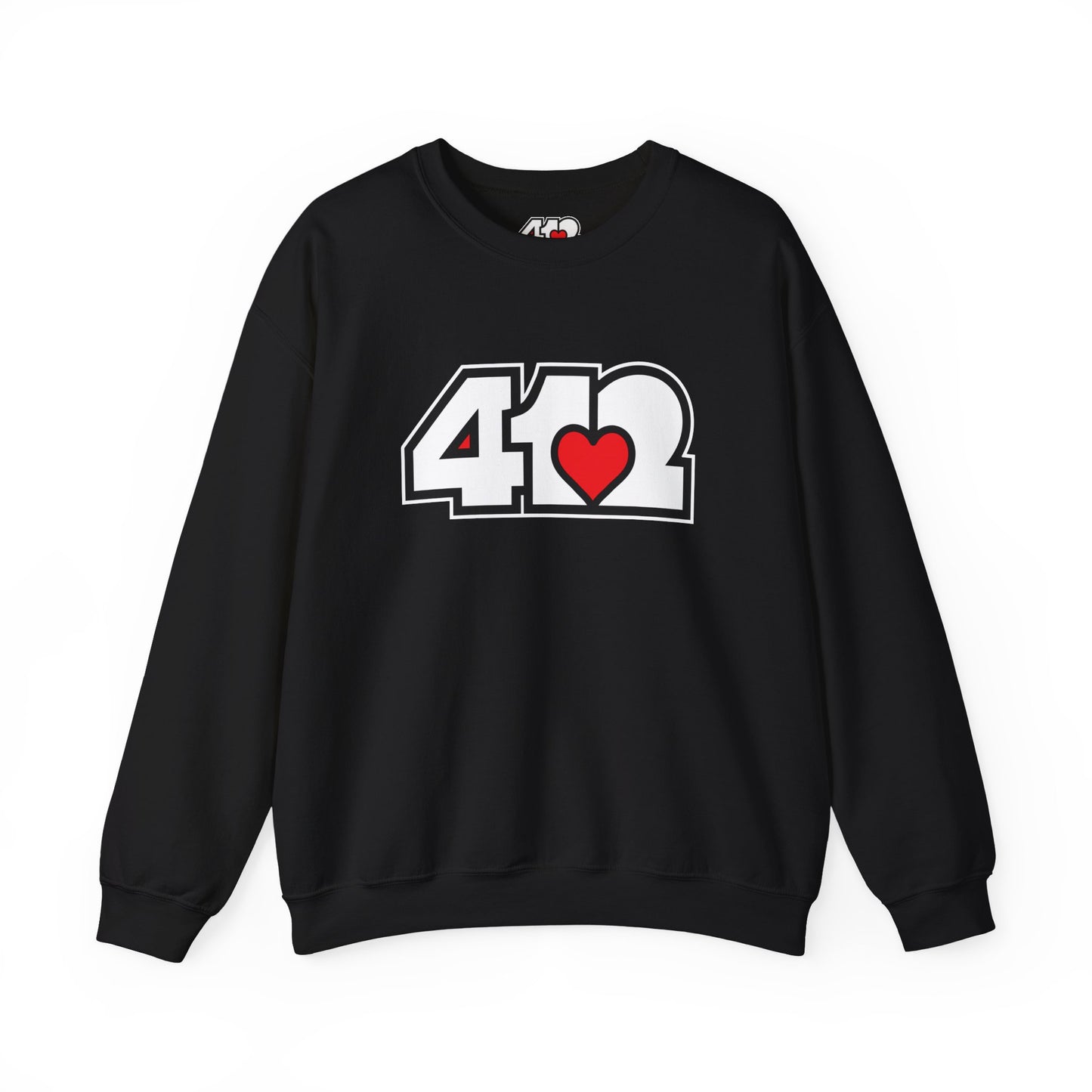 412 Crew Neck Sweatshirt - Red Heart, White Logo-Sweatshirt-Black-4OneLove2; Pittsburgh Branded Clothing; Pittsburgh Apparel; 412 Clothing