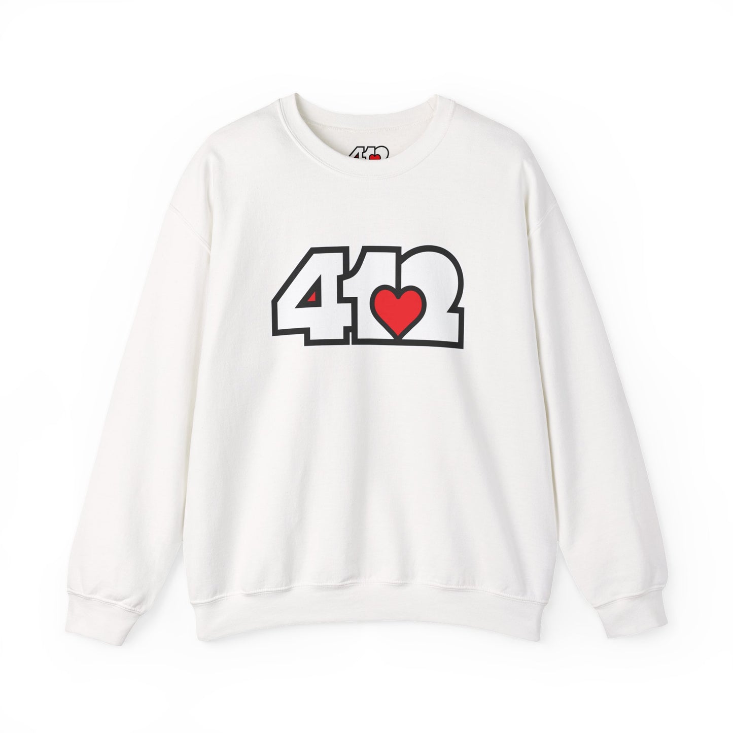 412 Crew Neck Sweatshirt - Red Heart, White Logo-Sweatshirt-White-4OneLove2; Pittsburgh Branded Clothing; Pittsburgh Apparel; 412 Clothing