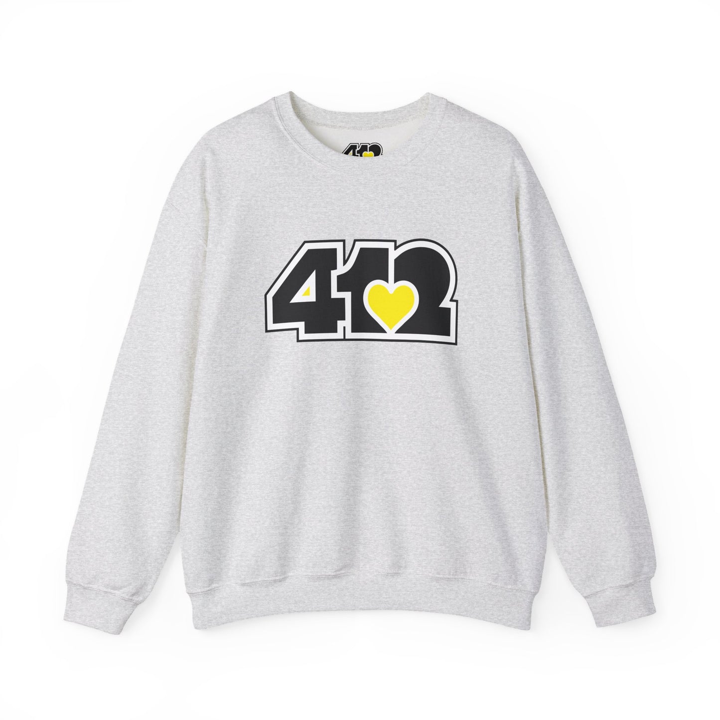412 Crew Neck Sweatshirt - Yellow Heart, Black Logo-Sweatshirt-Ash-4OneLove2; Pittsburgh Branded Clothing; Pittsburgh Apparel; 412 Clothing