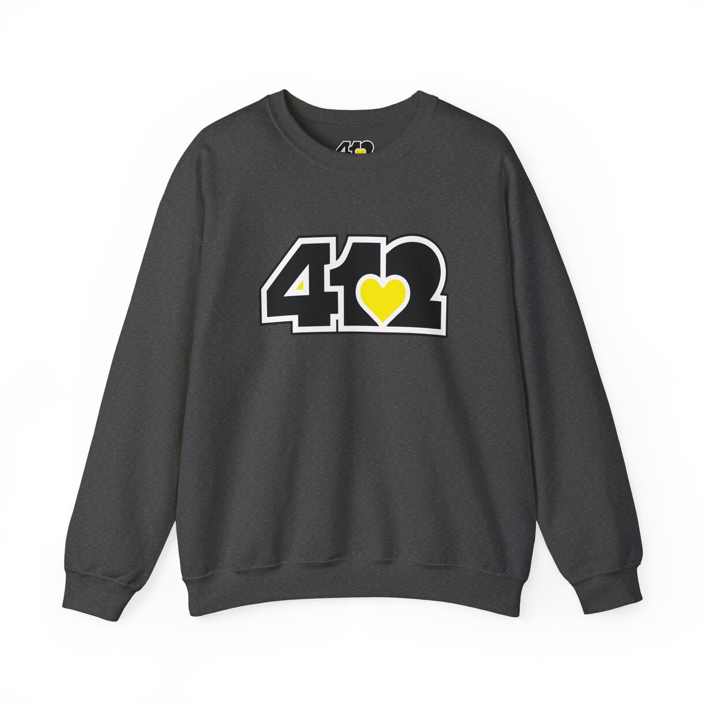 412 Crew Neck Sweatshirt - Yellow Heart, Black Logo-Sweatshirt-Dark Heather-4OneLove2; Pittsburgh Branded Clothing; Pittsburgh Apparel; 412 Clothing