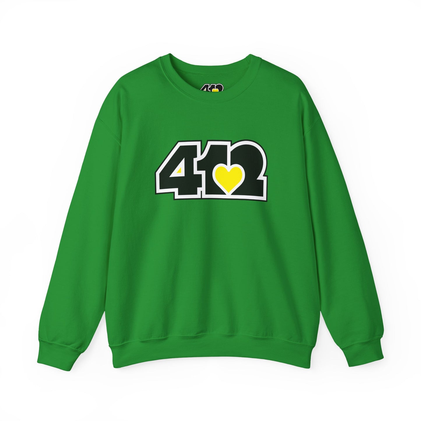 412 Crew Neck Sweatshirt - Yellow Heart, Black Logo-Sweatshirt-Irish Green-4OneLove2; Pittsburgh Branded Clothing; Pittsburgh Apparel; 412 Clothing