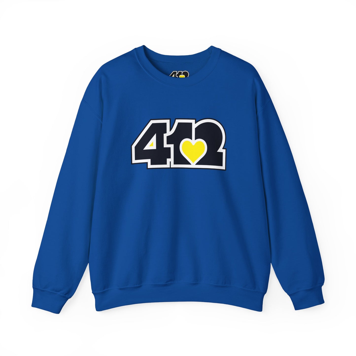 412 Crew Neck Sweatshirt - Yellow Heart, Black Logo-Sweatshirt-Royal-4OneLove2; Pittsburgh Branded Clothing; Pittsburgh Apparel; 412 Clothing