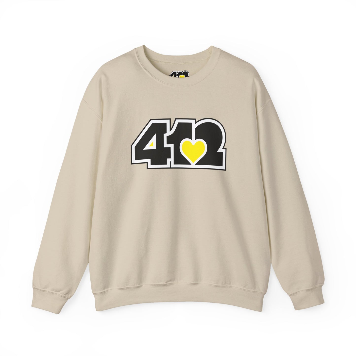 412 Crew Neck Sweatshirt - Yellow Heart, Black Logo-Sweatshirt-Sand-4OneLove2; Pittsburgh Branded Clothing; Pittsburgh Apparel; 412 Clothing