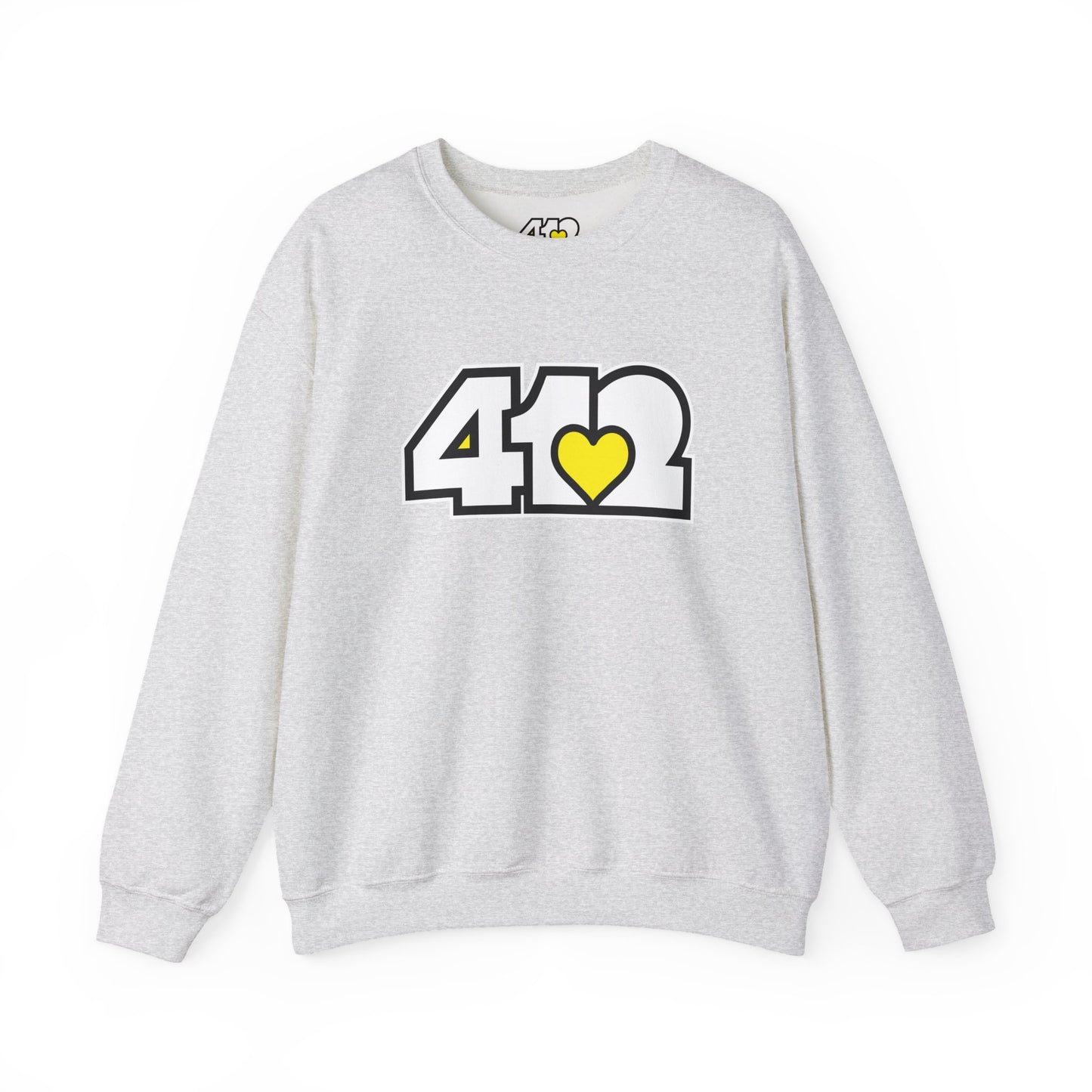 412 Crew Neck Sweatshirt - Yellow Heart, White Logo-Sweatshirt-Ash-4OneLove2; Pittsburgh Branded Clothing; Pittsburgh Apparel; 412 Clothing