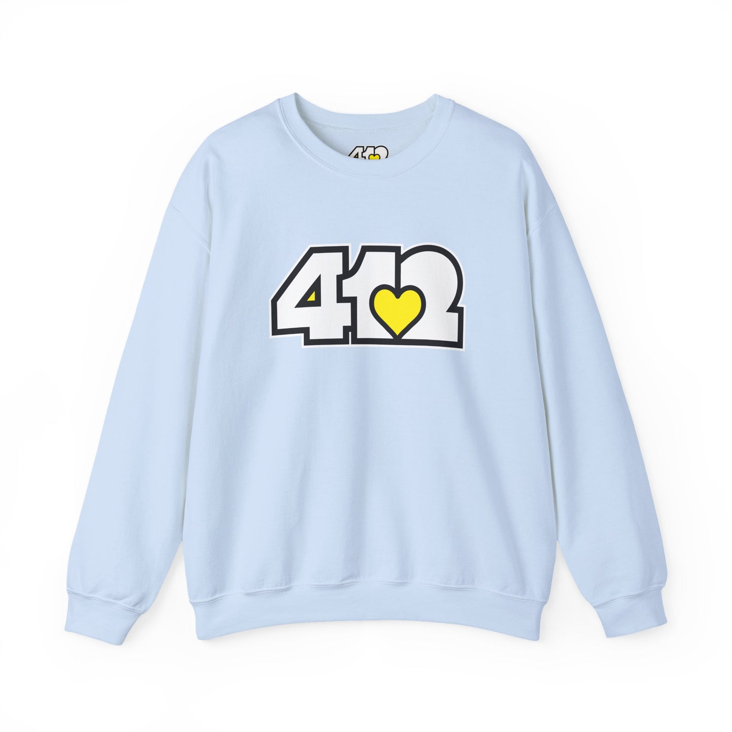 412 Crew Neck Sweatshirt - Yellow Heart, White Logo-Sweatshirt-Light Blue-4OneLove2; Pittsburgh Branded Clothing; Pittsburgh Apparel; 412 Clothing