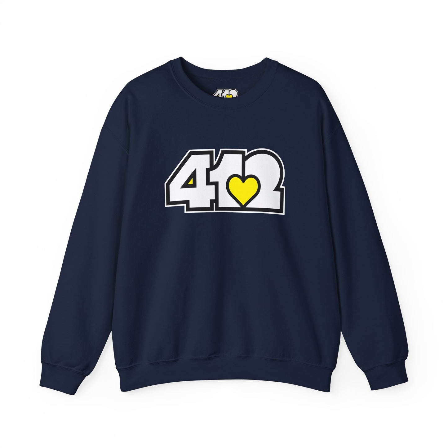 412 Crew Neck Sweatshirt - Yellow Heart, White Logo-Sweatshirt-Navy-4OneLove2; Pittsburgh Branded Clothing; Pittsburgh Apparel; 412 Clothing