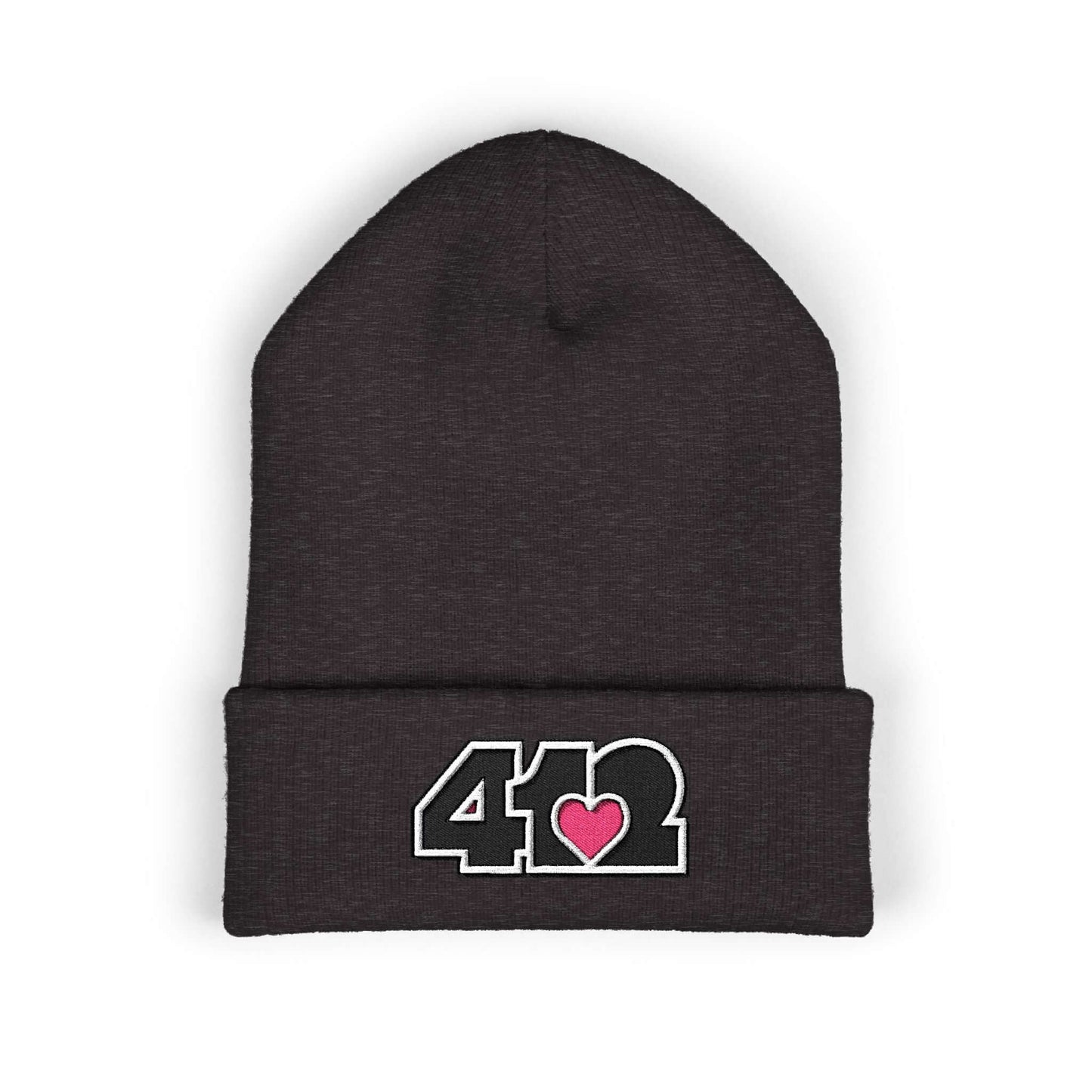 Cozy 412 Cuffed Beanie Hat | Embroidered Black and Pink Logo. Apparel Color: Dark Grey. Featuring a snug cuffed fit, and soft acrylic for winter style.