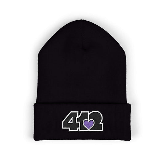Cozy 412 Cuffed Beanie Hat | Embroidered Black and Purple Logo. Apparel Color: Black. Featuring a snug cuffed fit, and soft acrylic for winter style.