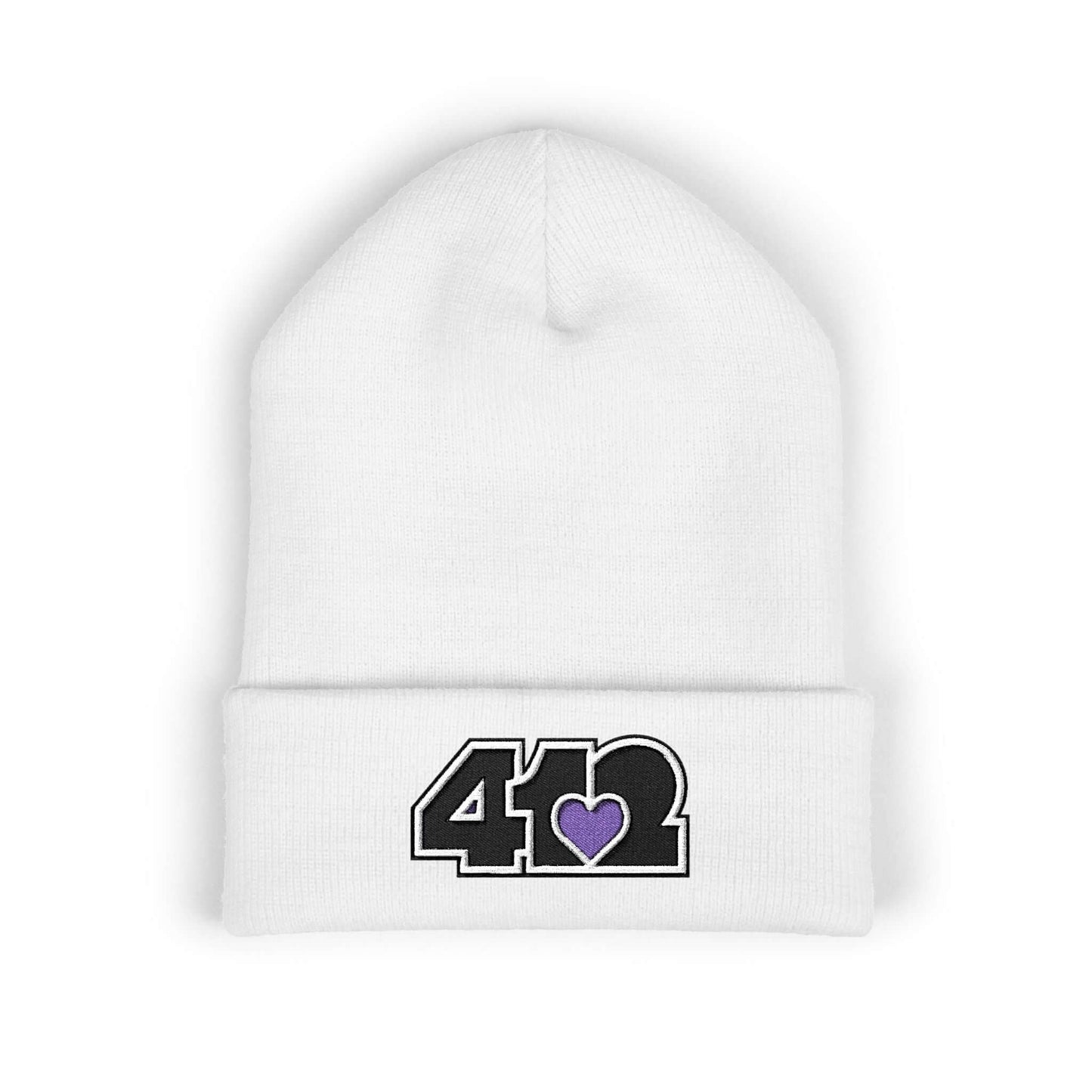 Cozy 412 Cuffed Beanie Hat | Embroidered Black and Purple Logo. Apparel Color: White. Featuring a snug cuffed fit, and soft acrylic for winter style.