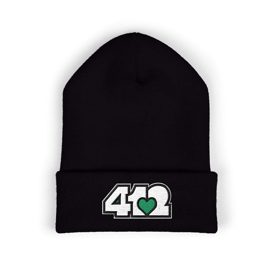 Cozy 412 Cuffed Beanie Hat | Embroidered White and Green Logo. Apparel Color: Black. Featuring a snug cuffed fit, and soft acrylic for winter style.