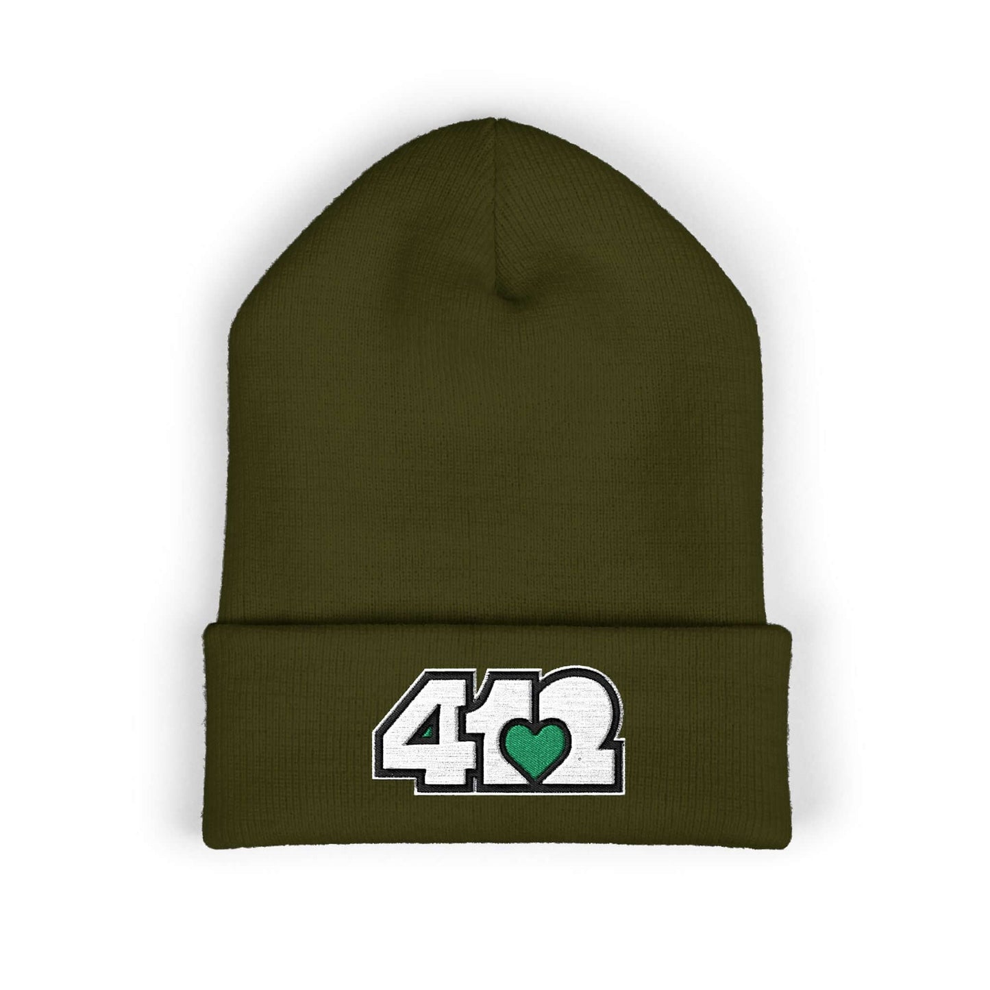 Cozy 412 Cuffed Beanie Hat | Embroidered White and Green Logo. Apparel Color: Olive. Featuring a snug cuffed fit, and soft acrylic for winter style.