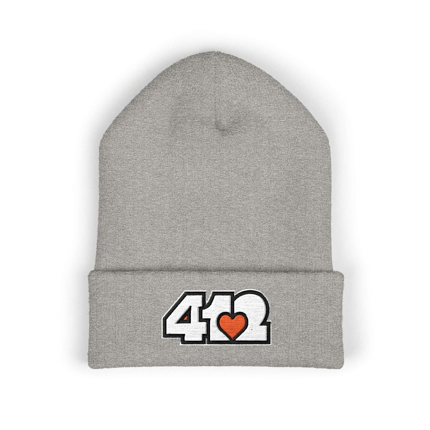 Cozy 412 Cuffed Beanie Hat | Embroidered White and Orange Logo. Apparel Color: Heather Grey. Featuring a snug cuffed fit, and soft acrylic for winter style.