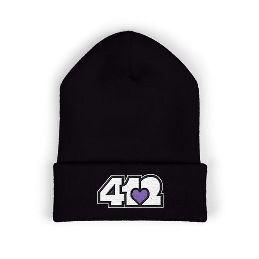 Cozy 412 Cuffed Beanie Hat | Embroidered White and Purple Logo. Apparel Color: Black. Featuring a snug cuffed fit, and soft acrylic for winter style.
