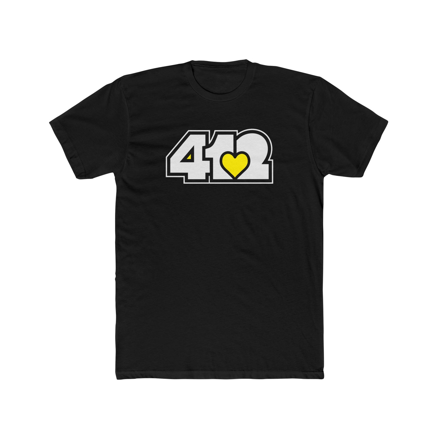 Black contoured yellow heart tee with white 412 logo – Pittsburgh-inspired apparel for soulful expression.