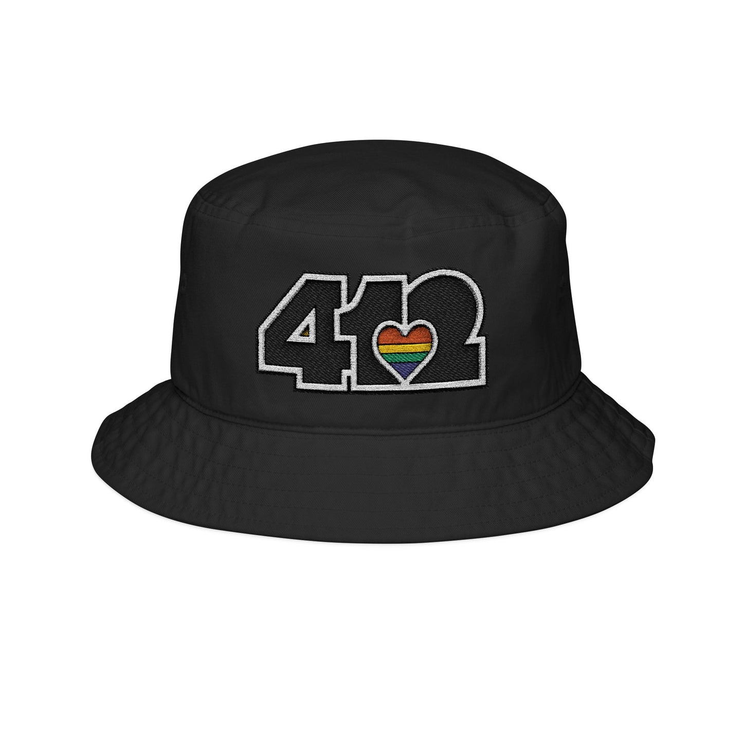 412 White Gilligan Crown bucket hat with embroidered rainbow heart and black 412 logo; vibrant Pittsburgh streetwear celebrating unity and pride.