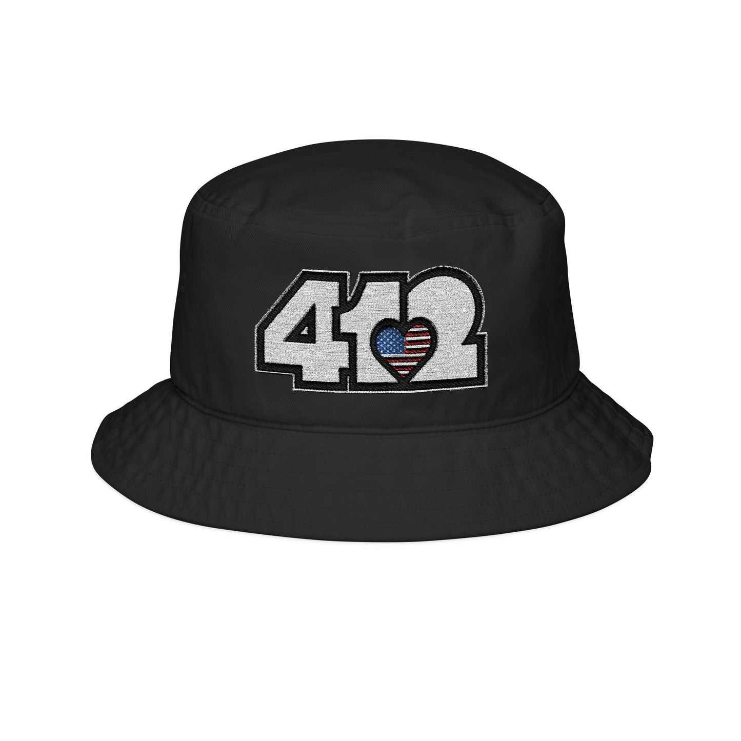 Black 412 Gilligan Crown bucket hat with embroidered stars and stripes heart and white 412 logo; patriotic streetwear inspired by Pittsburgh culture.