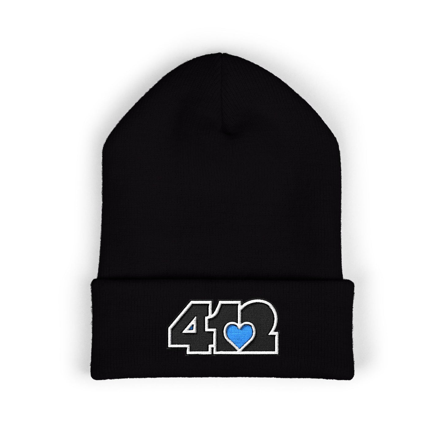 Black 412 Skull Crown beanie featuring black embroidered logo and blue heart patch — bold Pittsburgh streetwear with royal edge and cool-toned resilience.