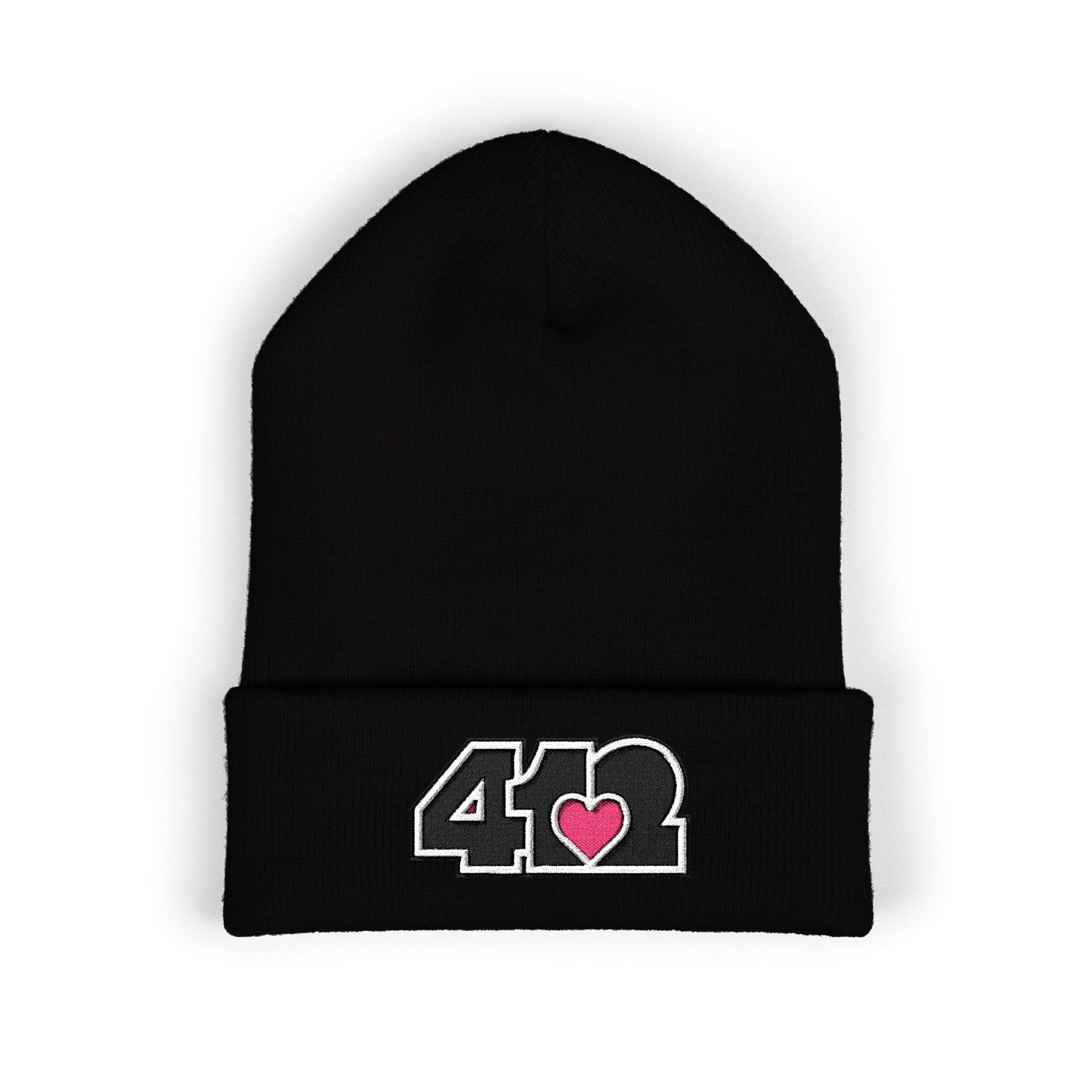 Black 412 Skull Crown beanie with black embroidered logo and pink heart patch. Pittsburgh made fashion blending Three Rivers energy, and urban grit.