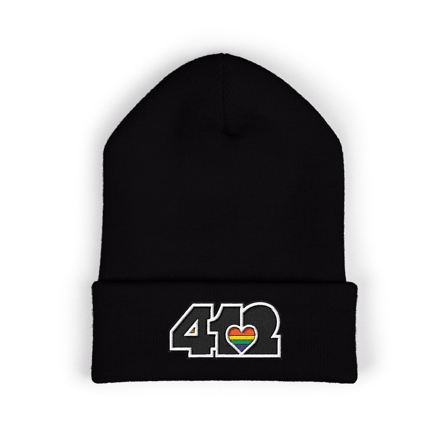 Black 412 Skull Crown beanie with rainbow heart and black embroidery logo. Pittsburgh made fashion blending Three Rivers energy, and Yinzer grit.