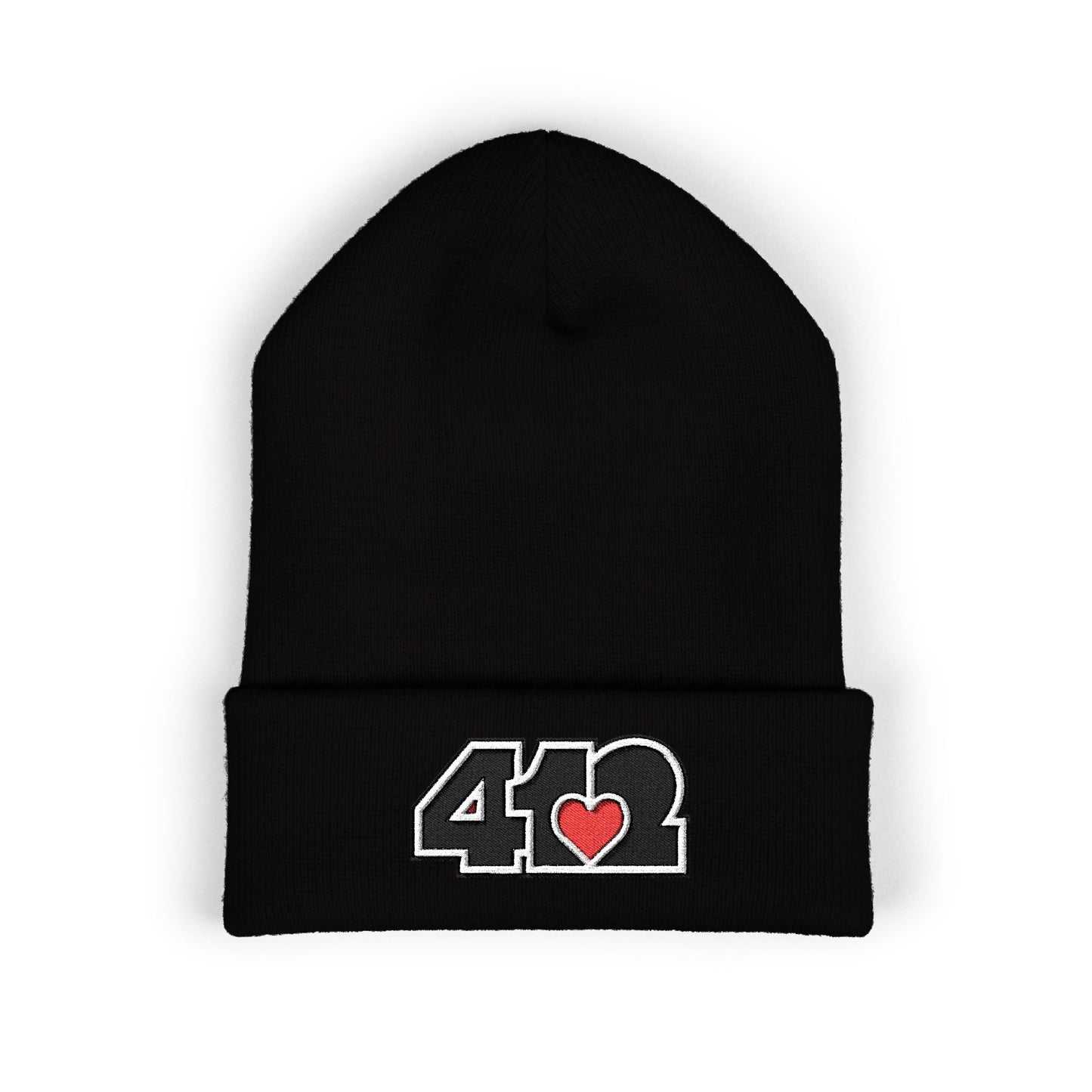 Black 412 Skull Crown beanie with black embroidered logo and red heart patch, blending Pittsburgh grit with royal symbolism.