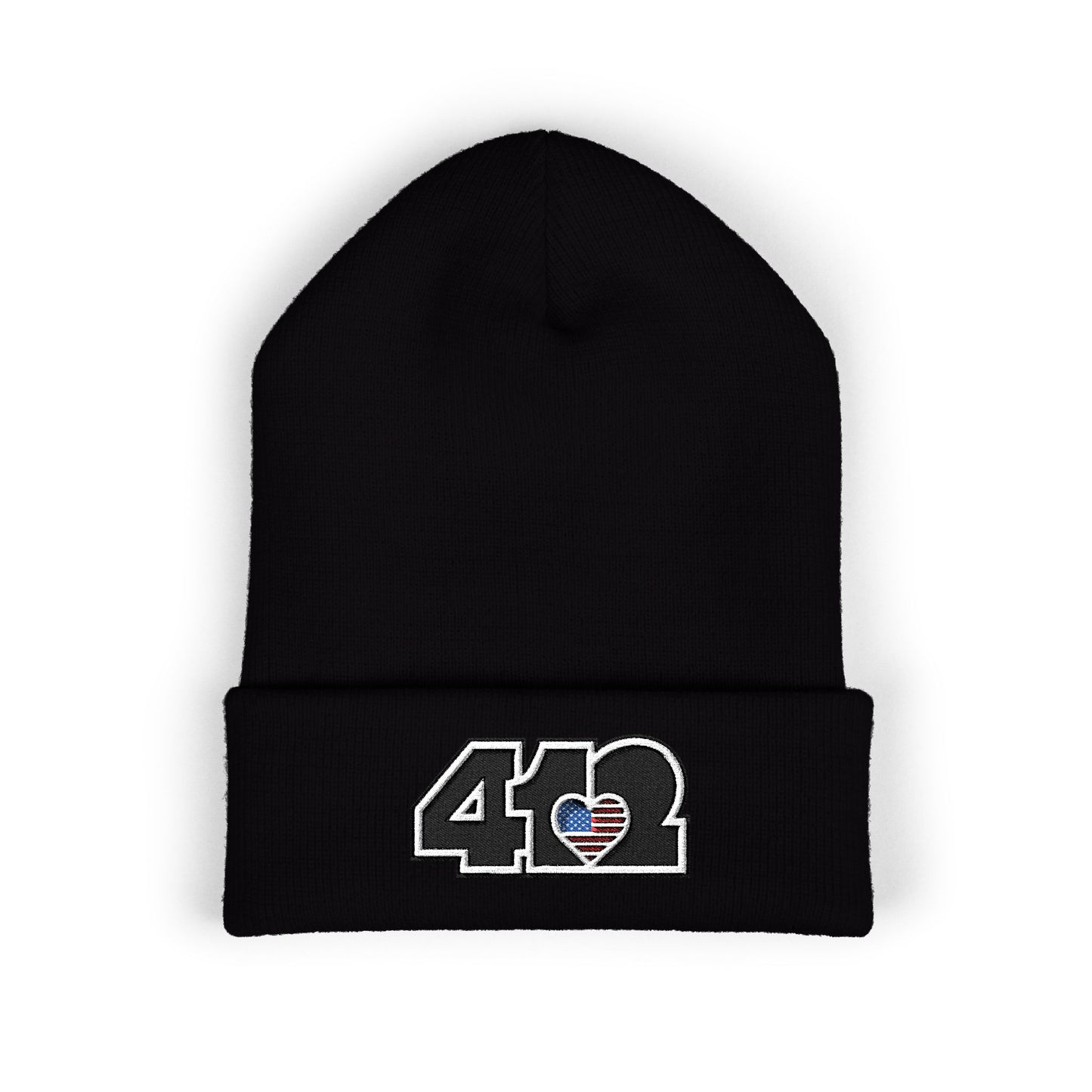 Black 412 Skull Crown beanie with Stars & Stripes embroidered heart and black logo, channeling Pittsburgh streetwear with regal edge and radiant contrast.
