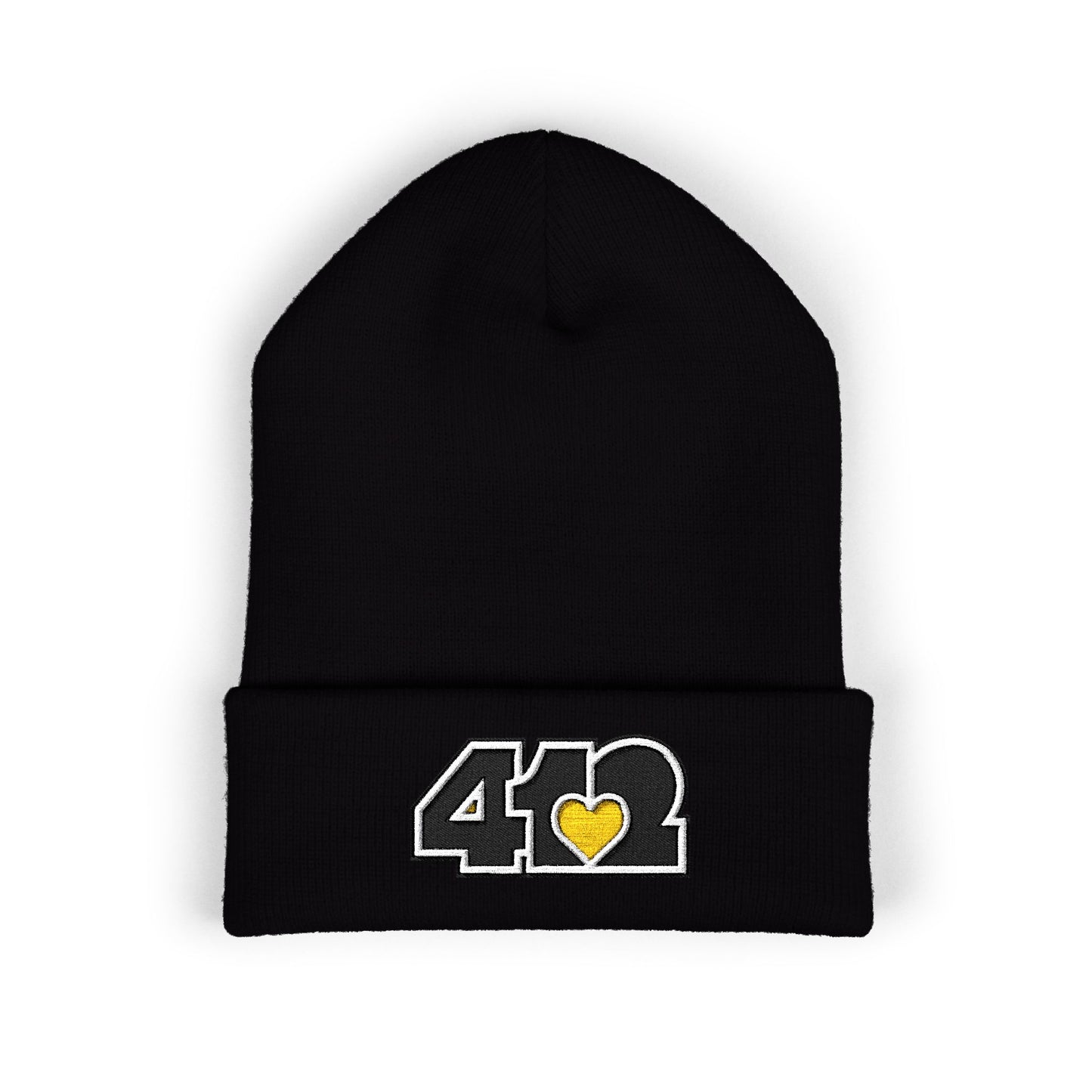 Black 412 Skull Crown beanie with yellow embroidered heart and black logo, channeling Pittsburgh streetwear with regal edge and radiant contrast.