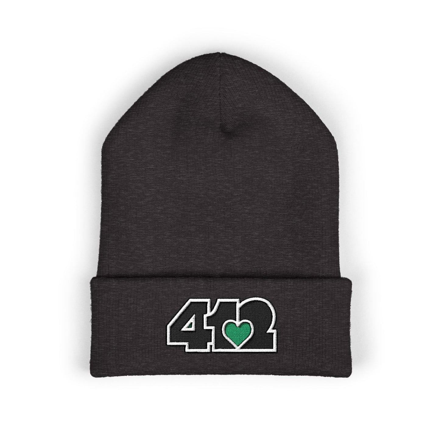 Dark Grey 412 Skull Crown beanie with green heart embroidery and black logo. Pittsburgh-born streetwear merging Yinzer energy, and bold urban style.