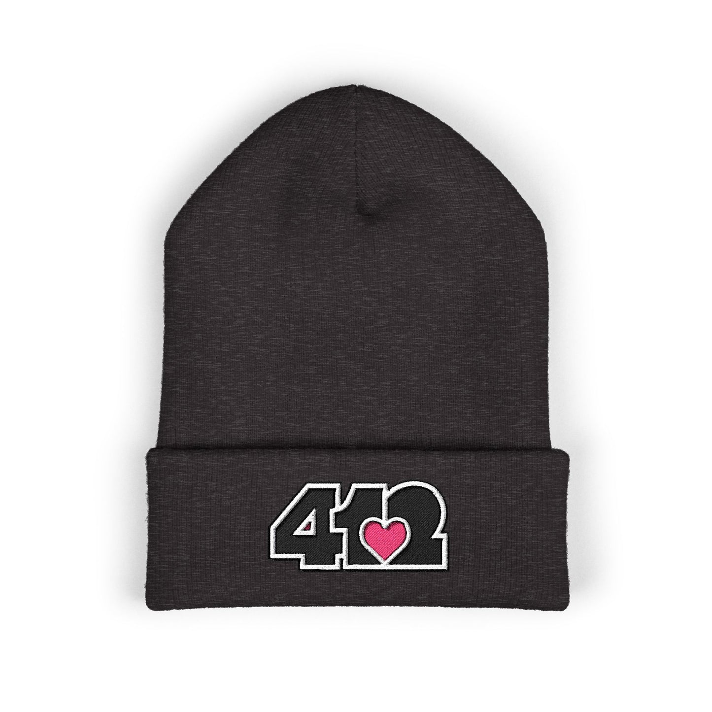 Dark Grey 412 Skull Crown beanie with black embroidered logo and pink heart patch. Pittsburgh made fashion blending Three Rivers energy, and urban grit.